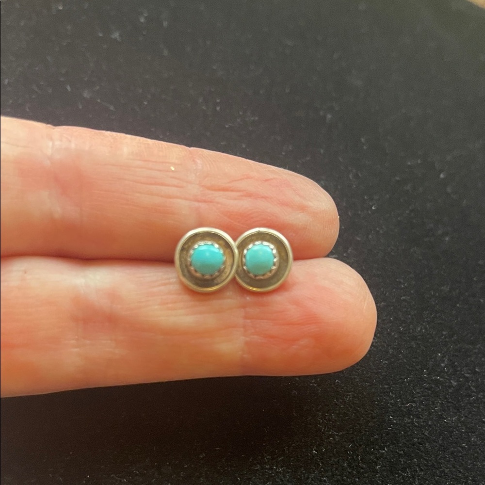 Navajo Turquoise Stone Sterling Silver Stud Earrings - Vintage